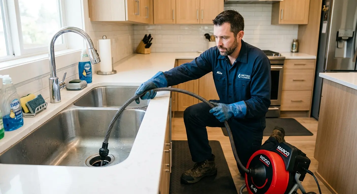 Drain cleaning technician using a motorized snake on a kitchen sink in Royse City
