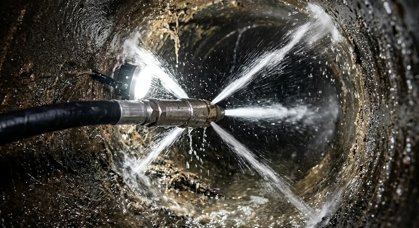 High-pressure hydro jetting nozzle cleaning sewer pipe for Storm Drain Cleaning in Royse City