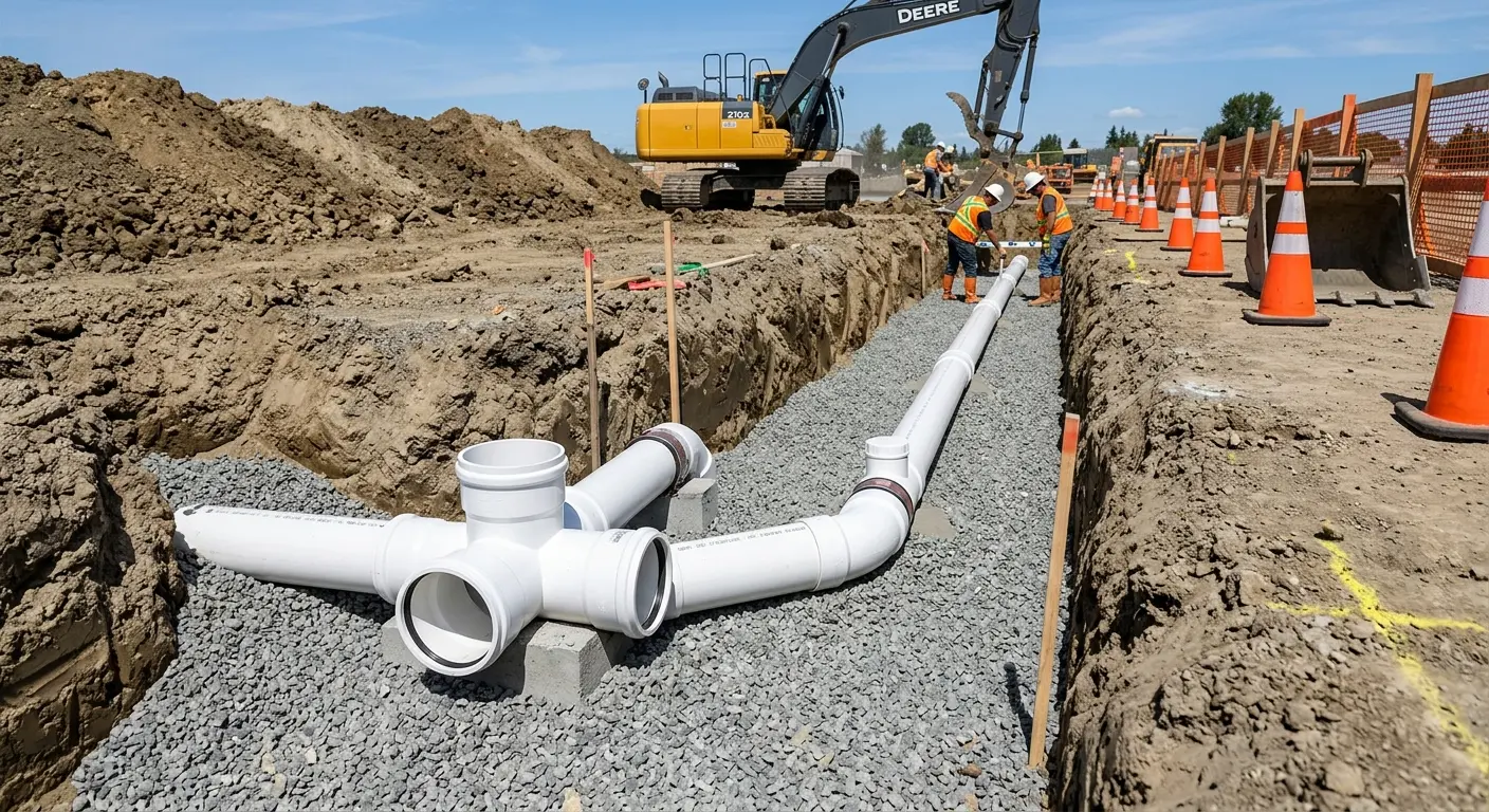 New PVC sewer pipe installation in open trench for Grease Trap Cleaning in Royse City