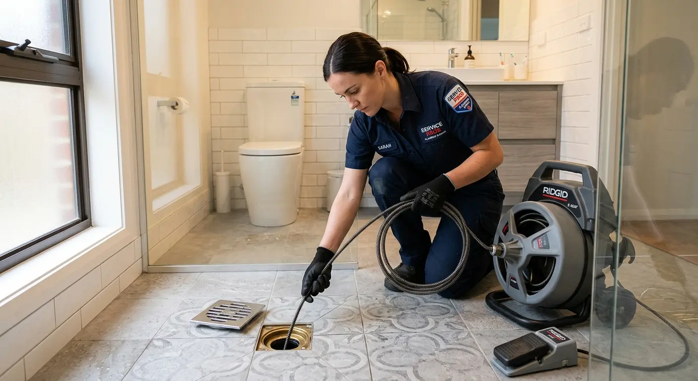 Technician clearing a bathroom floor drain for Drain Repair in Royse City